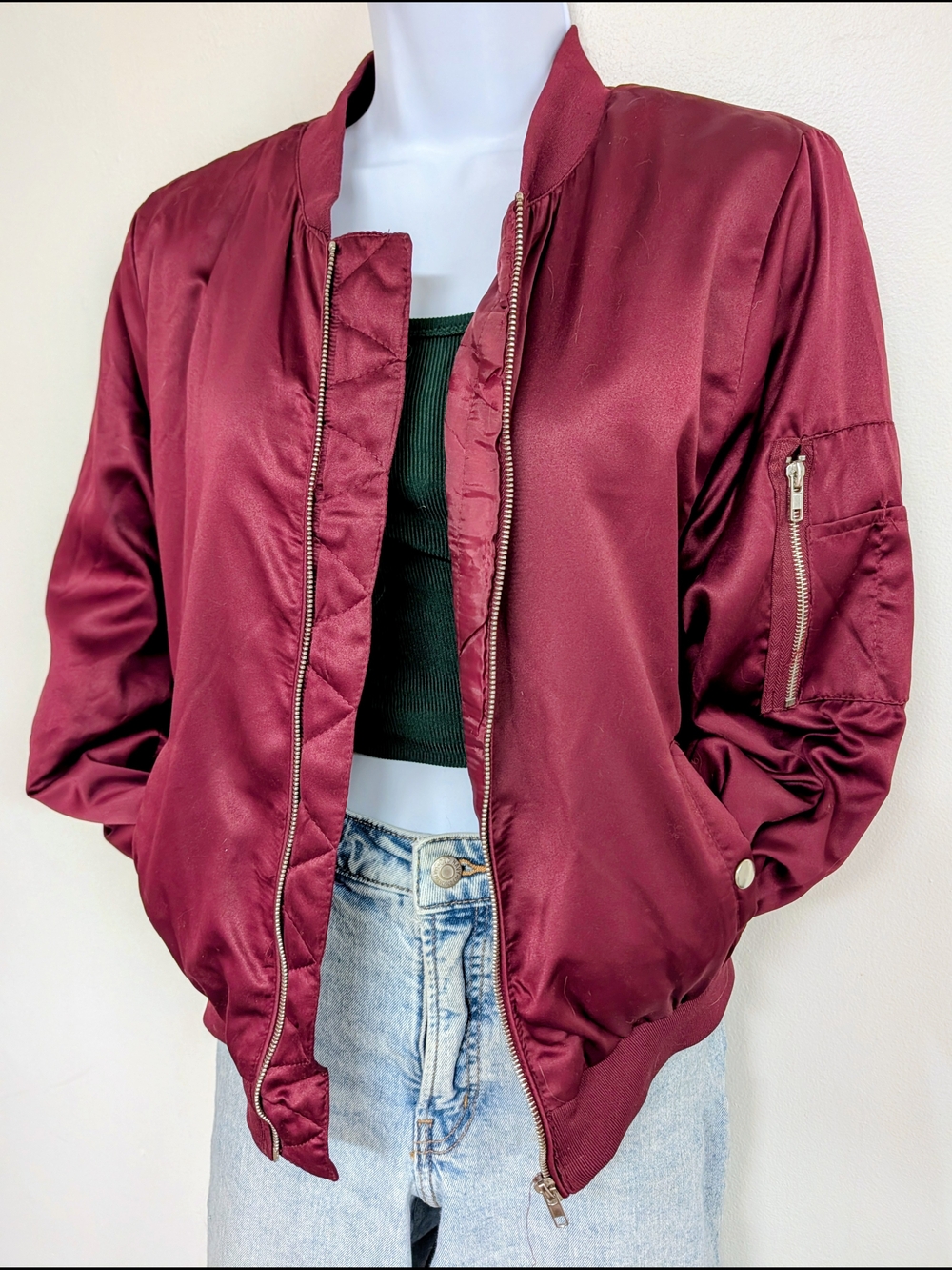 Ambiance Satin Bomber Jacket in Burgundy